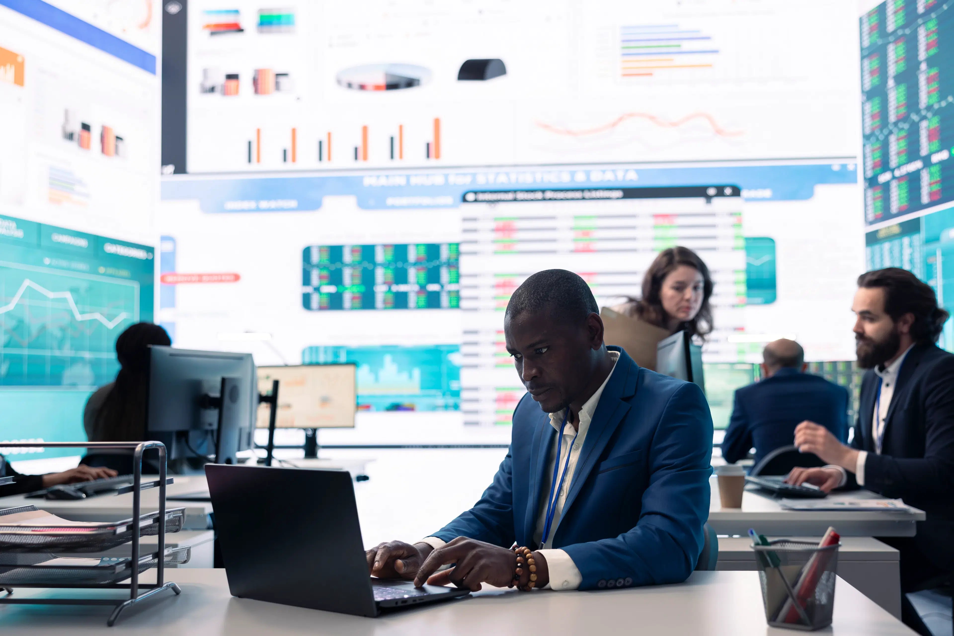 Financial operations center with professionals working